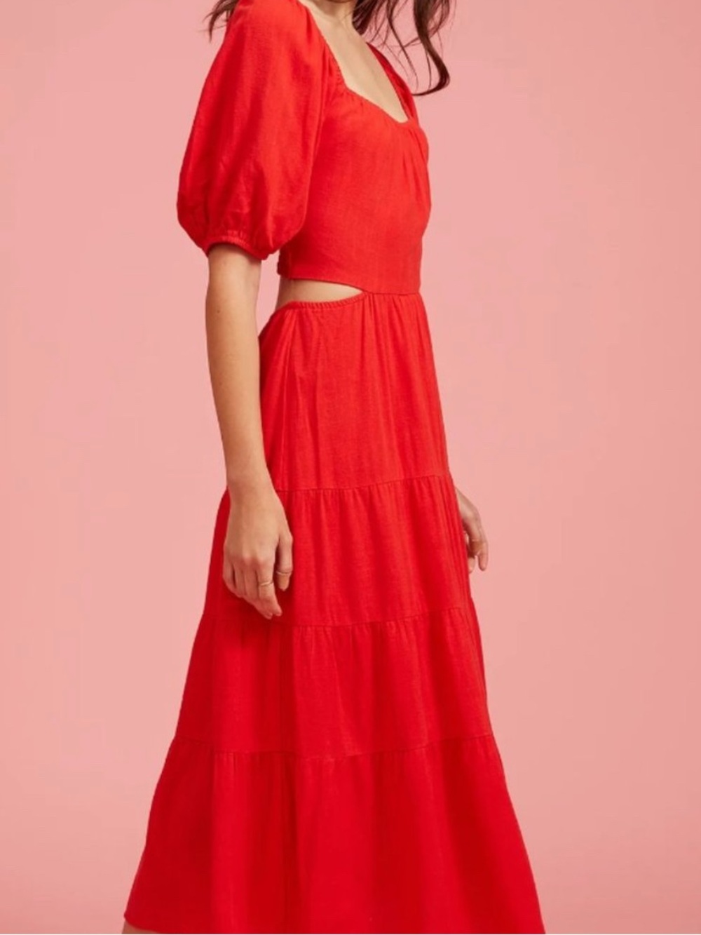Lucy Paris Red Cutout Maxi Dress with Puff Sleeves